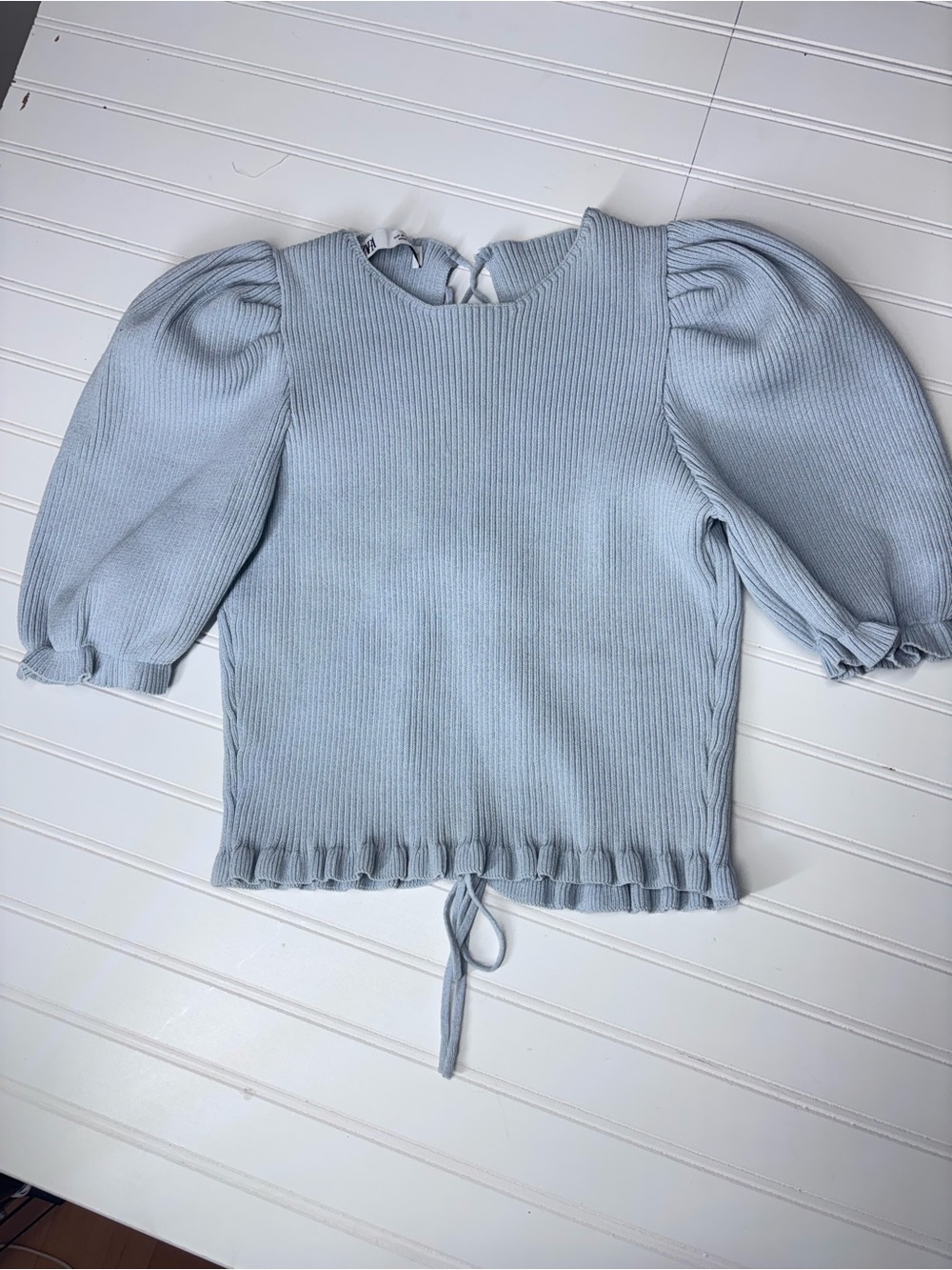 Zara Ribbed Crop Top Sweet Sexy Light Blue Puff-Sleeve Knit Top NWOT